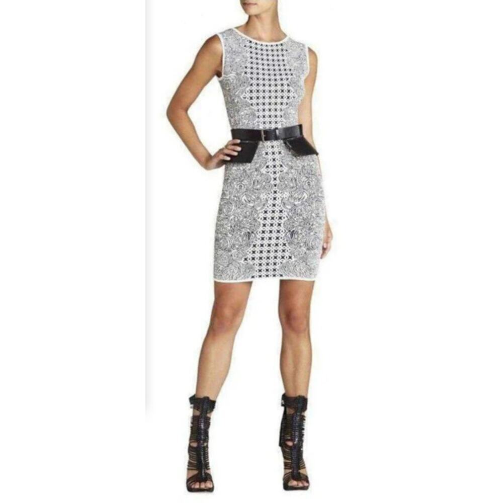 BCBGMAXAZRIA XXS Jazmyne Tribal Jacquard Sheath Mini Dress Black White Hourglass